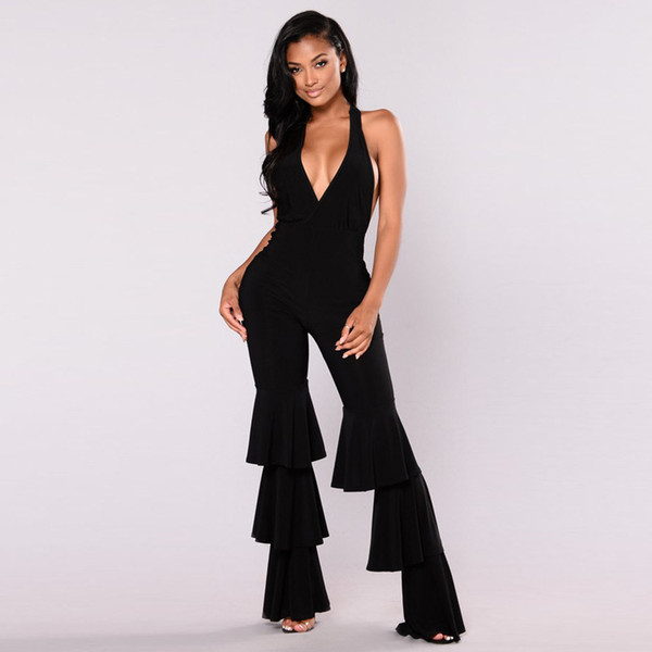 Sexy Ruffles Details Pant Wide Leg Overalls Black Red Women Halter Backless One Piece Long Jumpsuit Plus Size Enteritos Mujer