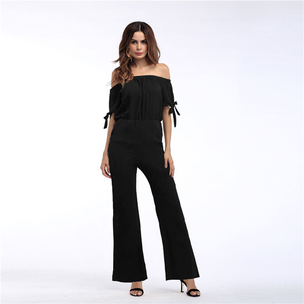 Amazon 2019 spring new floral off-the-shoulder short-sleeved chiffon jumpsuit female solid color jumpsuit trousers