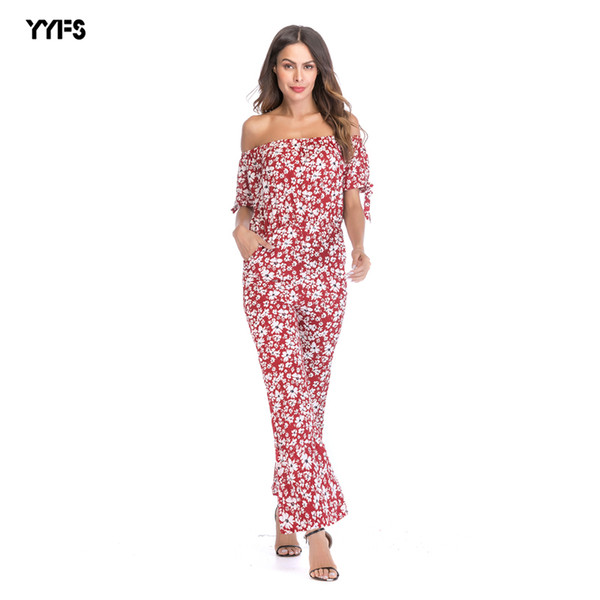 Amazon spring new floral off-the-shoulder short-sleeved chiffon jumpsuit female solid color jumpsuit trousers