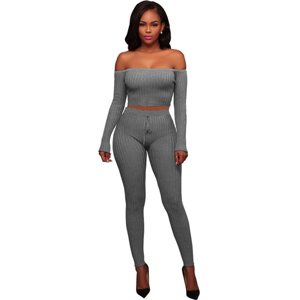 Sexy Two Piece Jumpsuits Off Shoulder Long Sleeve Crop Top Bodysuit Casual Overalls Knit Bodycon Rompers Womens Jumpsuit