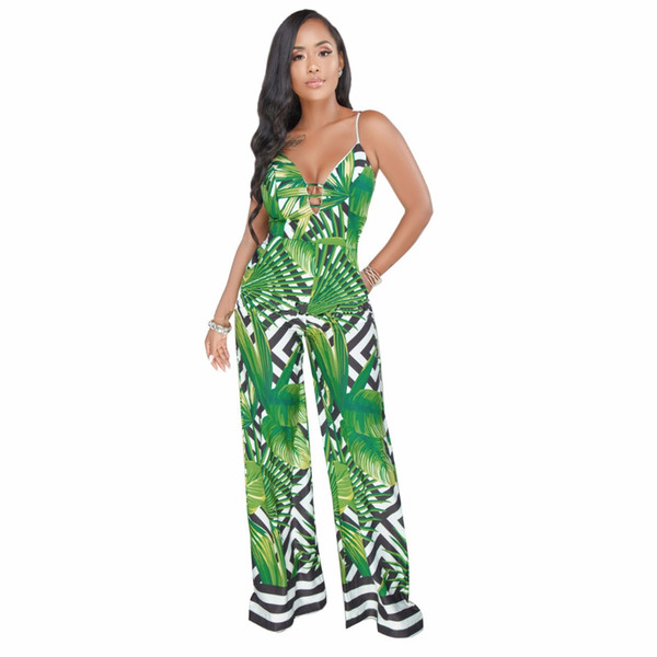 Summer women Overalls Jumpsuits Print Strap Pockets Wide-Legged 2018 Outfits casual sexy fashion Bandage rompers