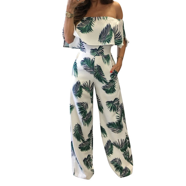 Wide Leg Beach Casual Ruffles Printed Jumpsuits 2017 Women Summer Strapless Backless Loose Jumpsuit Sexy Overalls