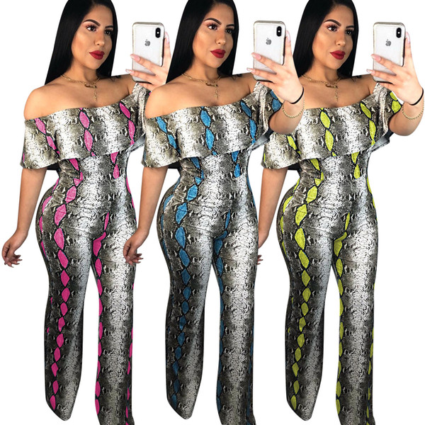 2019 new summer women snake skin print butterfly sleeve off shoulder jumpsuit beach party playsuit straight romper 3color