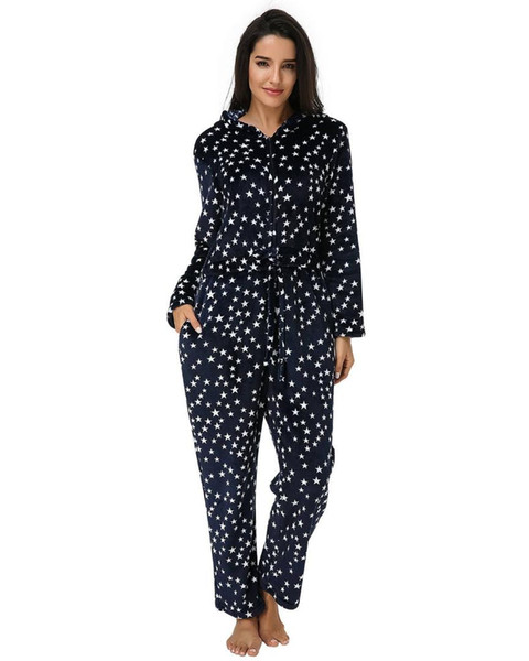 2019 Autumn Winter Star Print Rompers Jumpsuit Women Casual Loose Hooded Long Sleeve Zipper Bodysuits Sleepwear Long Pajamas 3XL