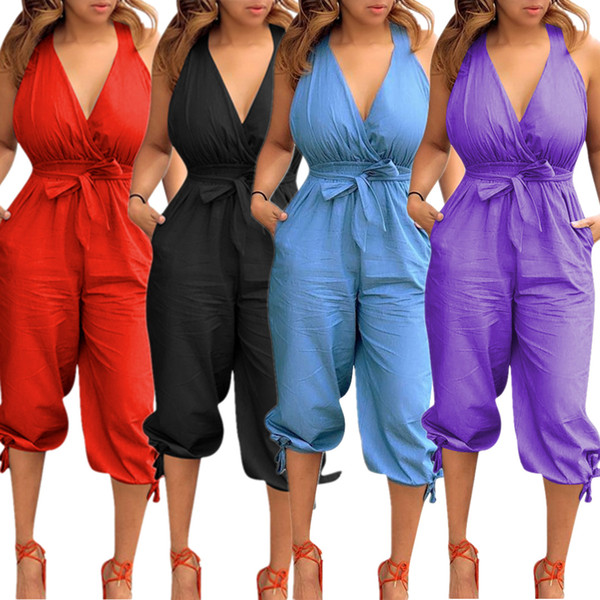 Rompers Summer Women Casual Jumpsuit Fashion Backless Sexy V-Neck Bandage Jumpsuit Cropped Trousers S-2XL