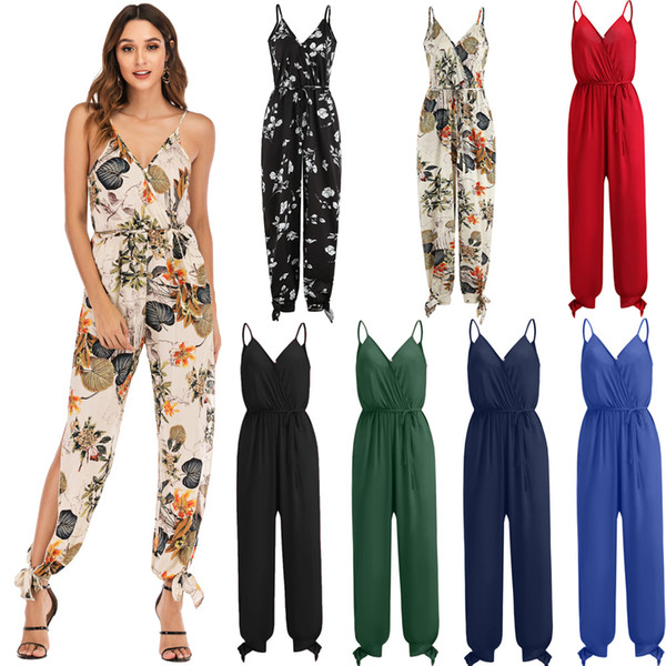 Plus Size Nine Points Pants Sexy Summer Backless Tether Deep V-Neck Sling Cotton Jumpsuit Women Rompers S-3XL