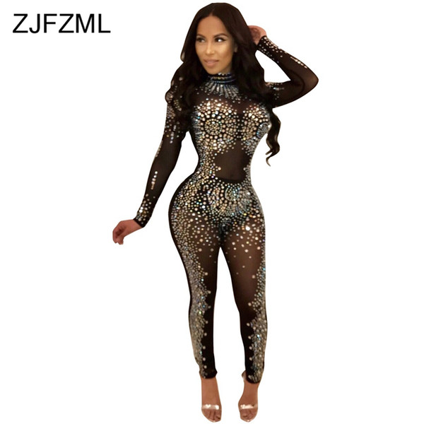 Sparkly Rhinestones Sexy Party Jumpsuit Women Mesh Patchwork See Through Bodycon Overall Elegant Long Sleeve Plus Size Romper