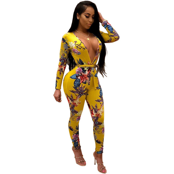 Dashiki Jumpsuits for Women 2018 New Sexy Bodycon Floral Jumpsuit Deep V Neck Long Sleeve Sash Bandage Rompers Combinaison Femme