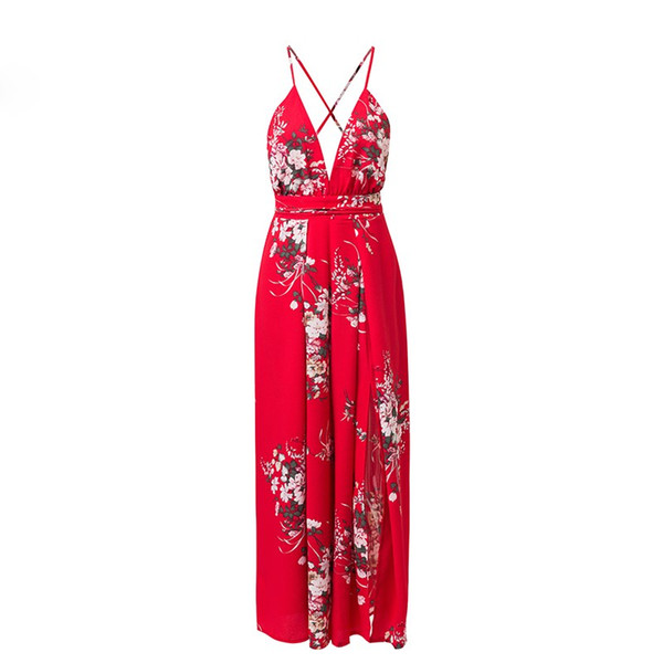 Sexy Split Red Print Boho Women Jumpsuits Summer Beach Floral Casual Rompers V Neck Backless Playsuits Ovaralls