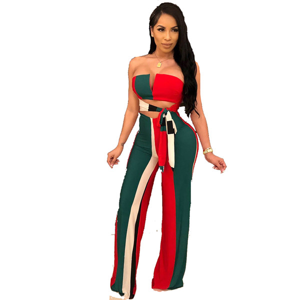 2018 Stripe Knot Cutout Front Wide Leg Jumpsuit Summer Off Shouder Sleeveless Bow Tie Jumpsuit Vacation Women