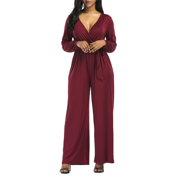 Sexy Jumpsuits for Women V Neck Self Belted Palazzo Jumpsuit 4 colors long Sleeve solid Jumpsuit Loose rompers womens