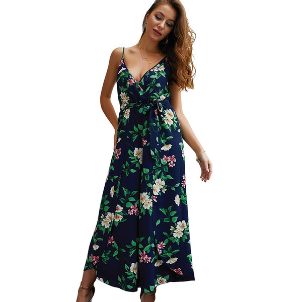 Summer Women's Jumpsuit Fashion New V-neck Split Floral Printed Straps Jumpsuits for Lady Capris Loose Casual Rompers Women's Clothing