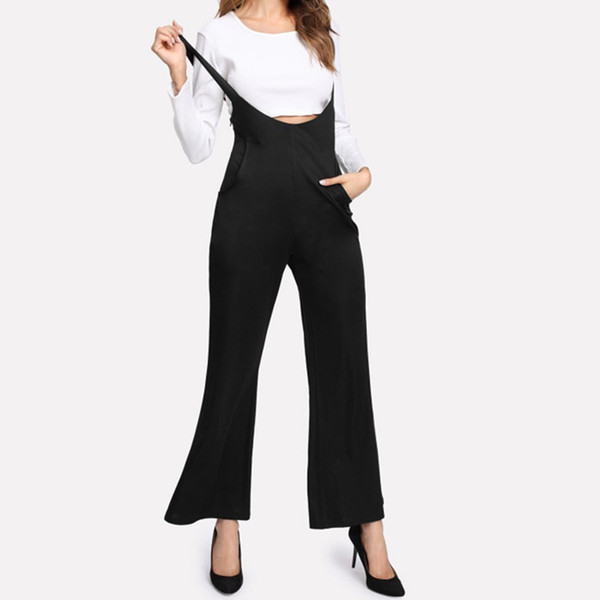 High Waist Women Wide Leg Jumpsuit 2019 Black Solid Low Cut Ropmers Women Overall Bodysuits Hot Sale