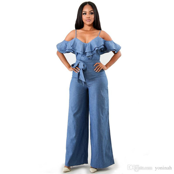 Wholesale Free Shipping Hot Fashion Design Denim Ruffle Short Sleeve Summer Sexy Strapless Dashiki Overall Jumpsuits