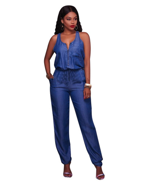 Wholesale Free Shipping Women Casual Jumpsuit Summer Sleeveless Full Length Playsuit V-Neck Sexy Zipper Denim Overall