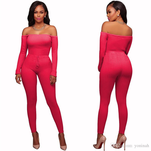 Wholesale Free Shipping Summer Off Shoulder Sexy Long Pant Bodysuit Casual Skinny Fitness Rompers Womens Jumpsuit