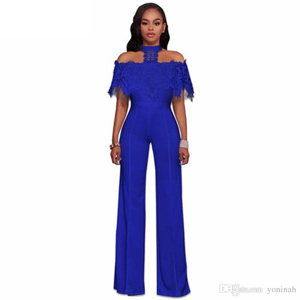 Wholesale Free Shipping Sexy Casual Ladies Halter Neck Lace Ruffles Bodycon Plus Size Woman Full-length Club Jumpsuit Overall
