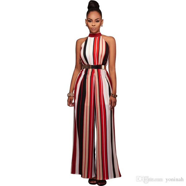 Wholesale Free Shipping Top quality striped women summer bodycon wide leg sleeveless long sexy jumpsuit and rompers