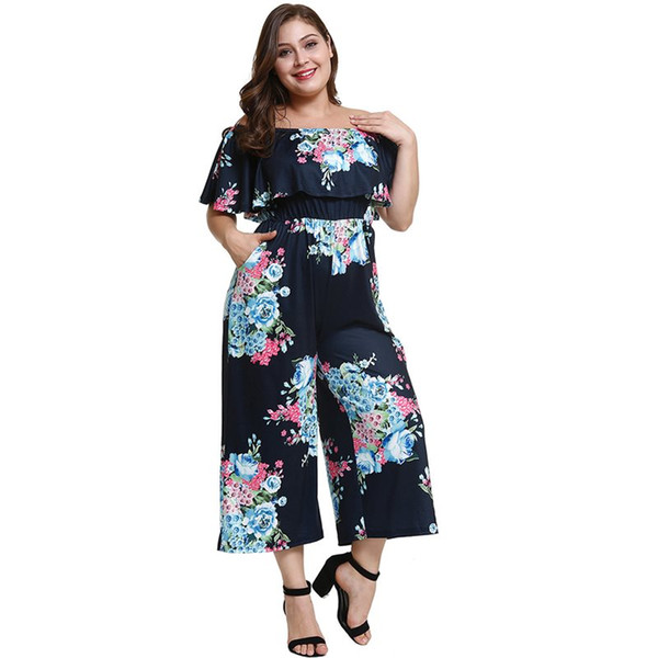 Women Jumpsuit Elegant Plus Size 4XL Falbala Backless Pocket Off Shoulder Slash Neck Floral Casual Wide Legs Sexy Jumpsuit