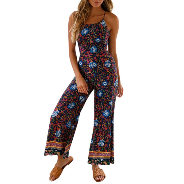 Womens V-neck sexy cosplay Floral Print Wide Leg Pants Long Jumpsuit Backless Strappy Playsuit Sling summer romper clothing