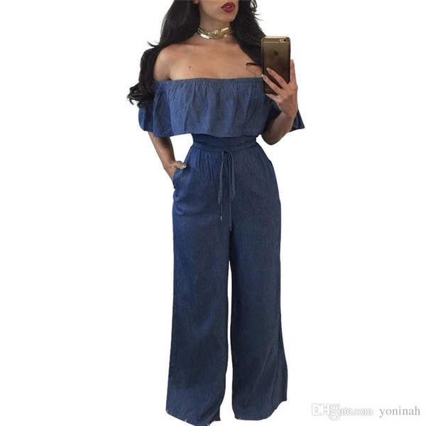 Wholesale Free Shipping Women sexy off shoulder rompers elelgant wide leg high waist bodycon blue denim jumpsuit