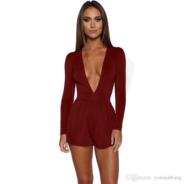 Wholesale free shipping sexy deep V neck bodycon rompers back zipper shorts full sleeve womens jumpsuit