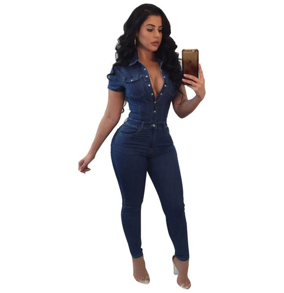 Free Shipping Elegant Style Bodycon playsuit Short Sleeve Full Length Overall Summer Denim Jumpsuit Plus Size 3XL