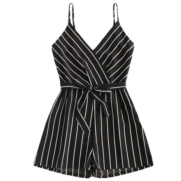 Women OL Style Slim Romper Jumpsuits Casual Vertical Striped Summer Playsuit Sexy V Neck Belted Romper overalls Bodysuit #35