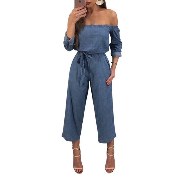 Wholesale Free Shipping Sexy Women Denim Jumpsuit Off Shoulder Rompers Belted Wide Leg Pants Summer Playsuit Bodysuit