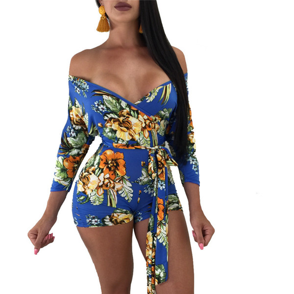 Women Fashion Elegant 2018 Casual Style Jumpsuit Playsuit Print Deep V-Neck Wrist Sleeve Belt Bodycon Romper