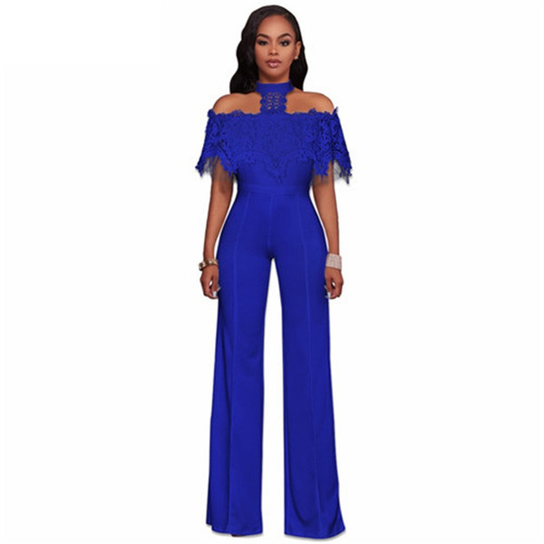 Wholesale Free Shipping Sexy Casual Ladies Halter Neck Lace Ruffles Bodycon Plus Size Woman Full-length Club Jumpsuit Overall