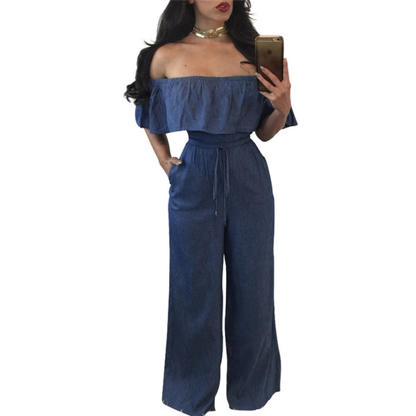 Wholesale Free Shipping Women sexy off shoulder rompers elelgant wide leg high waist bodycon blue denim jumpsuit