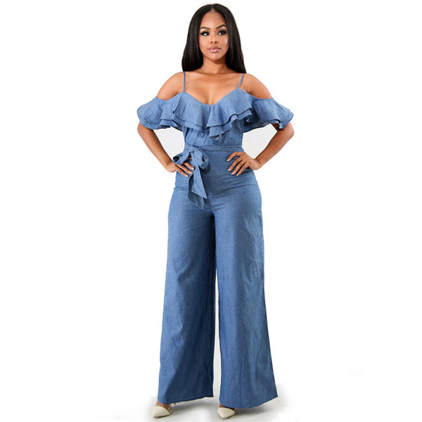 Wholesale Free Shipping Hot Fashion Design Denim Ruffle Short Sleeve Summer Sexy Strapless Dashiki Overall Jumpsuits