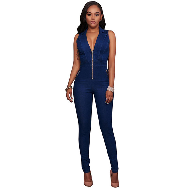 Wholesale Free Shipping Summer Women Slim Casual Denim One Piece Jumpsuits Deep V Sleeveless Rompers Sexy Club Zipper Overalls