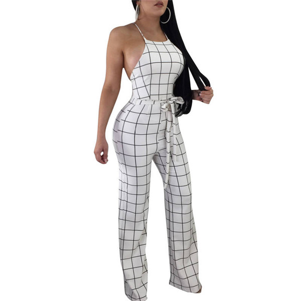 Wholesale Free Shipping New Fashion Sexy Plaid Belt Bodycon Costume Spaghetti Strap Women Jumpsuits Solid Elegant Sexy Ladies Club Rompers