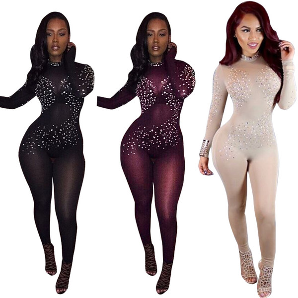 Wholesale- 2017 hot sexy see through women black mesh jumpsuit long sleeve club party bodysuit women sequined dot bodycon jumpsuit wine red