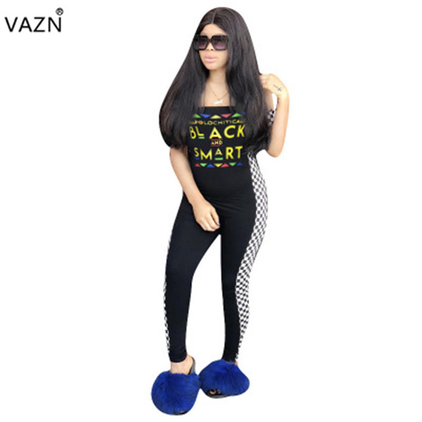 VAZN summer 2019 new women casual fashion short sleeve card shoulder printed comfortable black jumpsuits long pants MYP8851