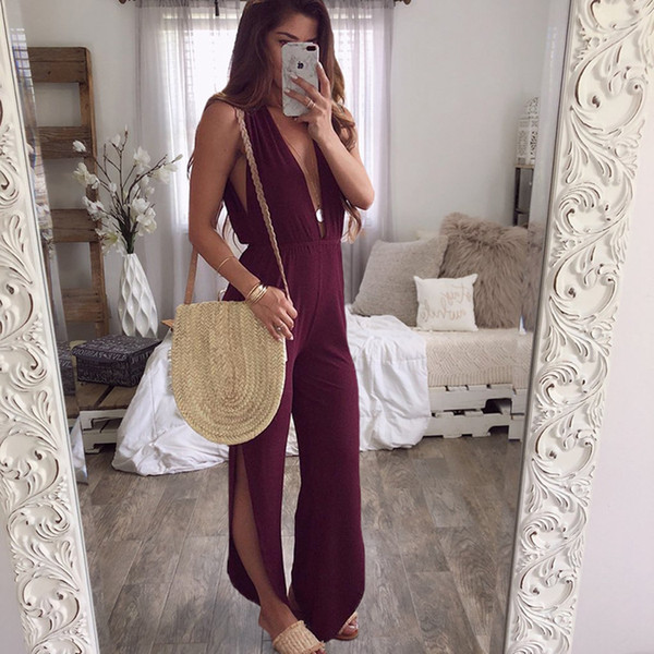 Sexy Backless Deep V-Neck Jumpsuits Rompers Women Lace Up Pocket Jumpsuit Overalls Fashion Office Female Sleeveless Split Pants