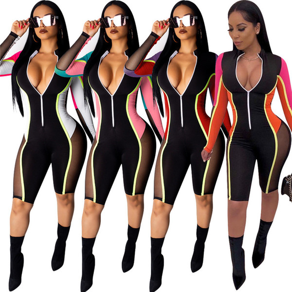 Spring Summer Women Mesh Jumpsuit Long Sleeve Patchwork One-piece Leggings Trousers Fashion Sports Tracksuit Skinny Clubwear S-2XL A413