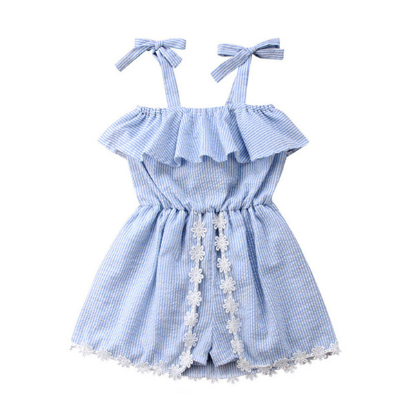 Summer Girls Striped Dress Skirt Sleeveless Lace Bowknot Flower Baby Romper Jumpsuit Pantskirt Kids Princess Dress Girl Clothes A52202