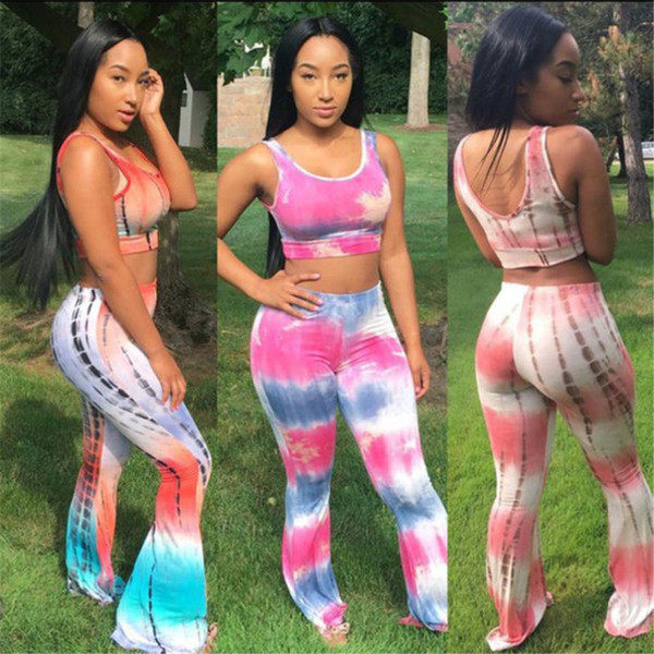 Wholesale- Casual Tie Dye Sexy Jumpsuits Women Bodysuit Sleeveless Crop Top and Flare Pants Set 2016 Elastic Waist Stretchy Overalls
