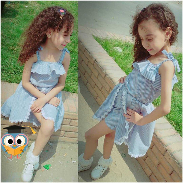 Summer Girls Striped Dress Skirt Sleeveless Lace Bowknot Flower Baby Romper Jumpsuit Pantskirt Kids Princess Dress For 1-6T A52202