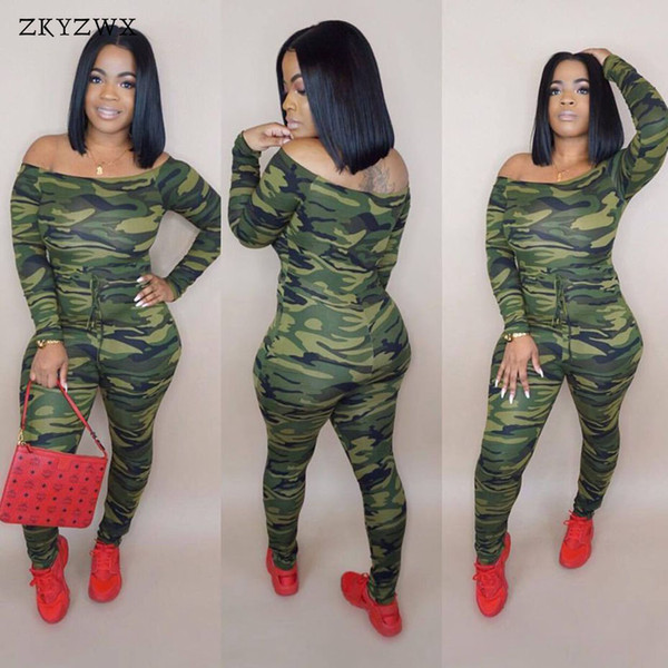 ZKYZWX Sexy Camouflage Bodycon Jumpsuit Women Romper Off Shoulder Long Sleeve Camo Printed Jumpsuits Female Streetwear Overalls