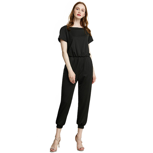 Fashion Summer Women Short Sleeve Jumpsuits Solid color slanted shoulder ladies jumpsuit Female Jumpsuits Ankle-length Pants