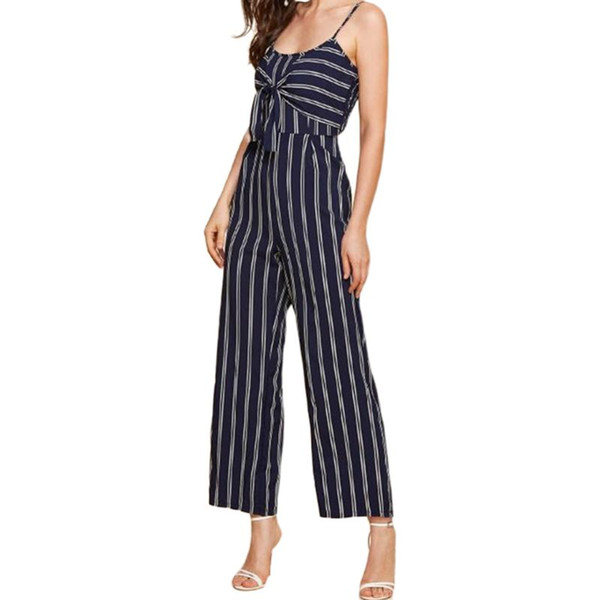 Women Summer Spaghetti Straps Sleeveless Jumpsuit Vintage Vertical Stripes Tie Knot Front Backless High Waist Long Pants Romper