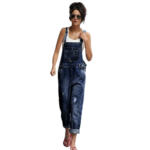 Women Loose Denim Jeans Pants Hole Overalls Straps Jumpsuit Rompers Trousers 2019 New Fashion Blue Jean Jumpsuits For Women