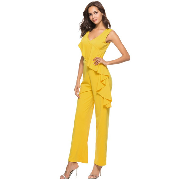 Summer Casual Jumpsuits Ladies V Neck Sleeveless Overalls For Women Ruffle Jumpsuit Long Pants Elegant Clothes Y5093