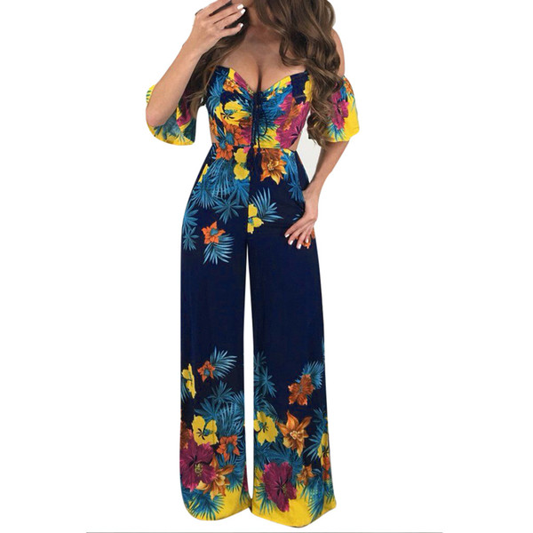 Rompers womens jumpsuit lace long pants Women Sexy Print Off Shoulder Self Tie New Ruffle Half Sleeve Elegant Jumpsuit D300504