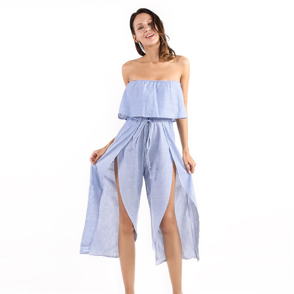 Rompers Womens Jumpsuit 2019 Summer Sexy Slash Neck Off Shoulder Ruffles Playsuit Casual Wide Leg Pants Overalls