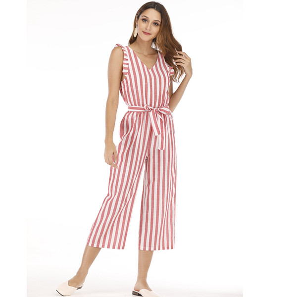 Rompers womens jumpsuit long pants Womens Summer Lady Striped Sleeveless Long Trouser Playsuits Jumpsuit Rompers D300504